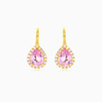 Tear drop lever back yellow gold halo earrings