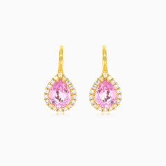 Tear drop lever back yellow gold halo earrings