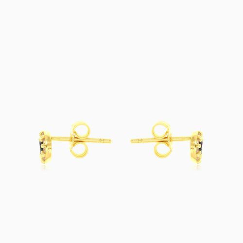Black onyx halo cubic zirconia yellow gold stud earrings