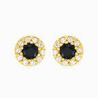 Black onyx halo cubic zirconia yellow gold stud earrings