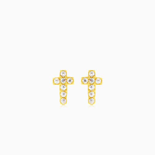 Yellow gold cubic zirconia cross stud earring