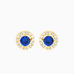 Round cut blue sapphire yellow gold earrings