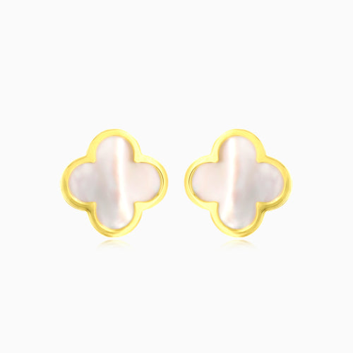 Yellow gold flower ear studs with mother pearl stone