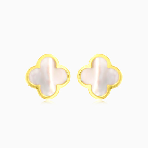 Yellow gold mother of pearl clover leaf stud earring