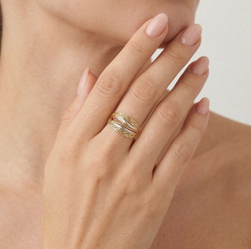 Greek key tri-gold ring