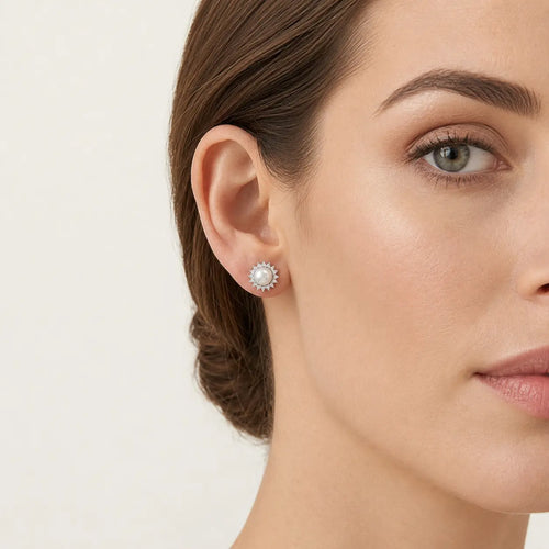 Sterling Silver Pearl Halo Stud Earrings