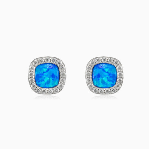 Flat halo blue opal studs