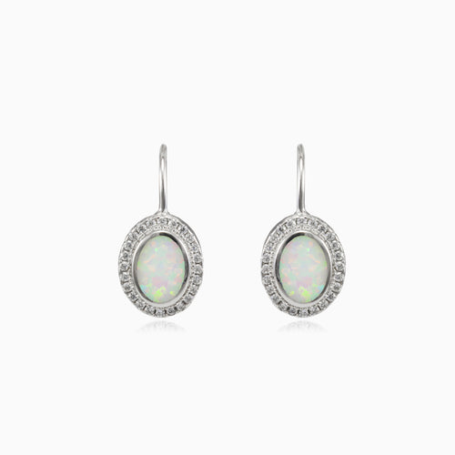 Bezel white opal oval lever earrings