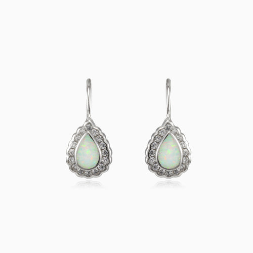 Bezel white opal pear lever earrings