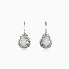 Bezel white opal pear lever earrings