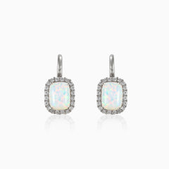 Rectangle white opal earrings