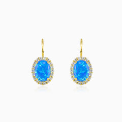 Oval halo blue opal gold earrings