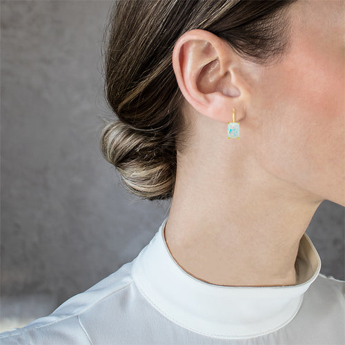 Rectangle white opal gold earrings