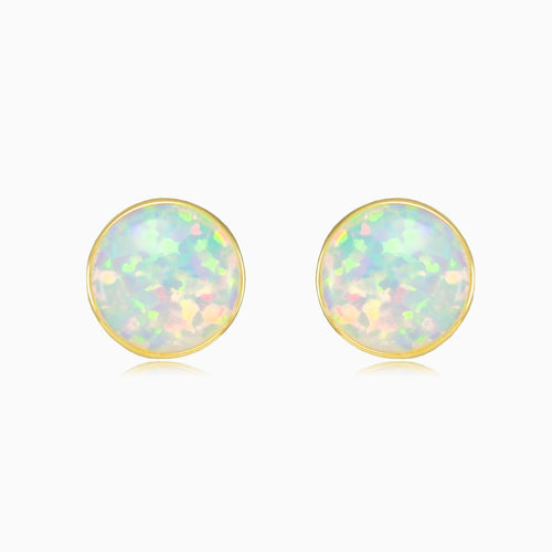 Round white opal gold earrings