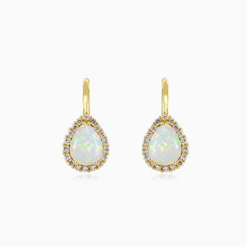 Pear white opal gold earrings