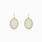 Massive oval white opal gold earrings