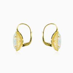Massive oval white opal gold earrings