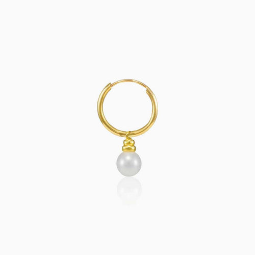 Yellow gold hoop with dangling pearl earring