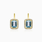 Halo emerald-cut blue topaz gold earrings