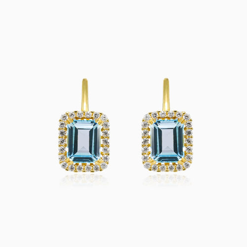 Halo emerald-cut blue topaz gold earrings