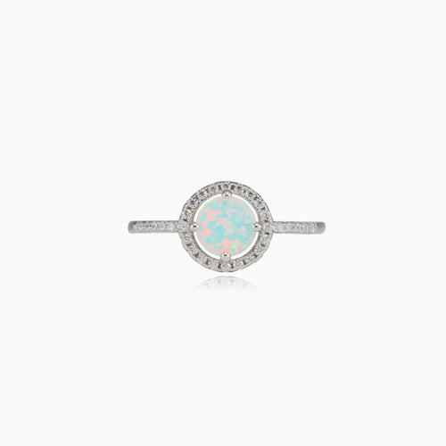 Tiny round royal white opal ring