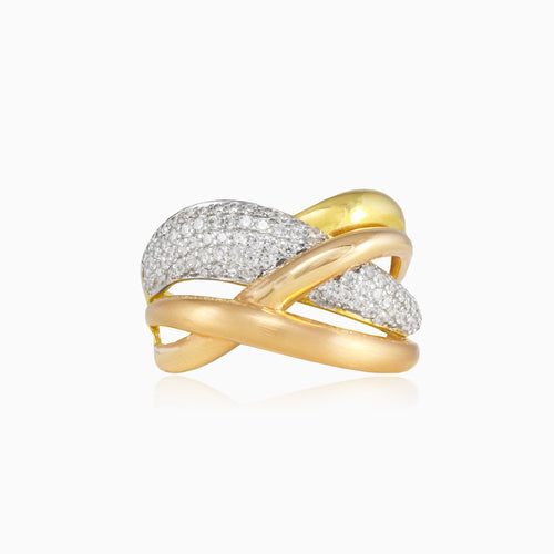  Kroucený tříbarevný zlatý prsten s kubickými zirkony