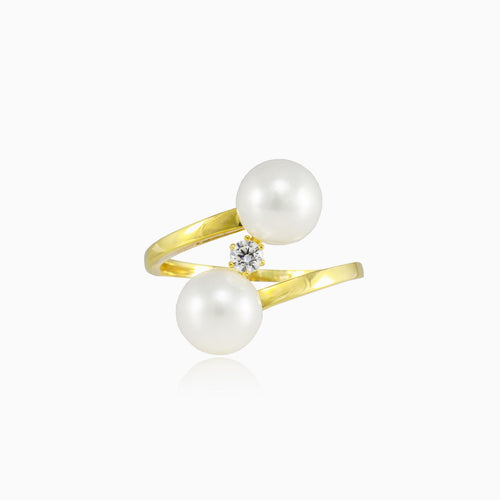 Twisted double pearl gold ring