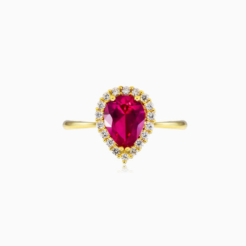 Pear rubellite yellow gold ring