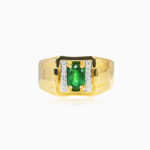 Pánský zlatý prsten se smaragdem a diamantem