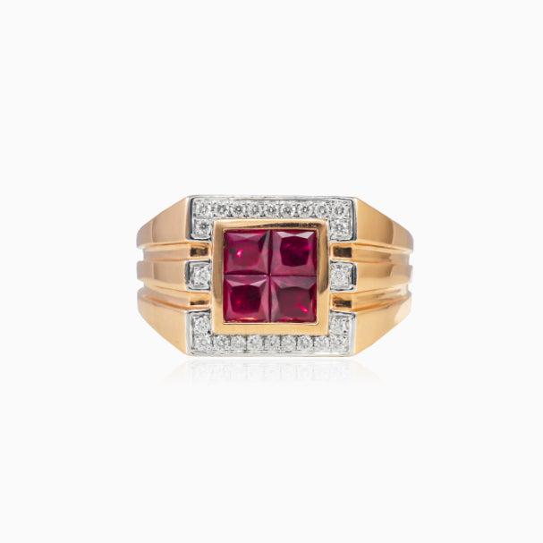 Gold Herrenring mit Rubin und Diamanten